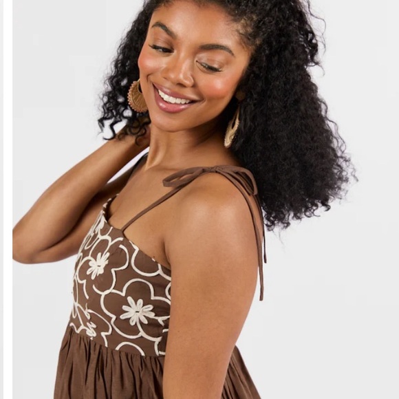 Pink Lily Brown Embroidered Floral Dress Spaghetti Straps Back Zip NWOT Large - Picture 4 of 14